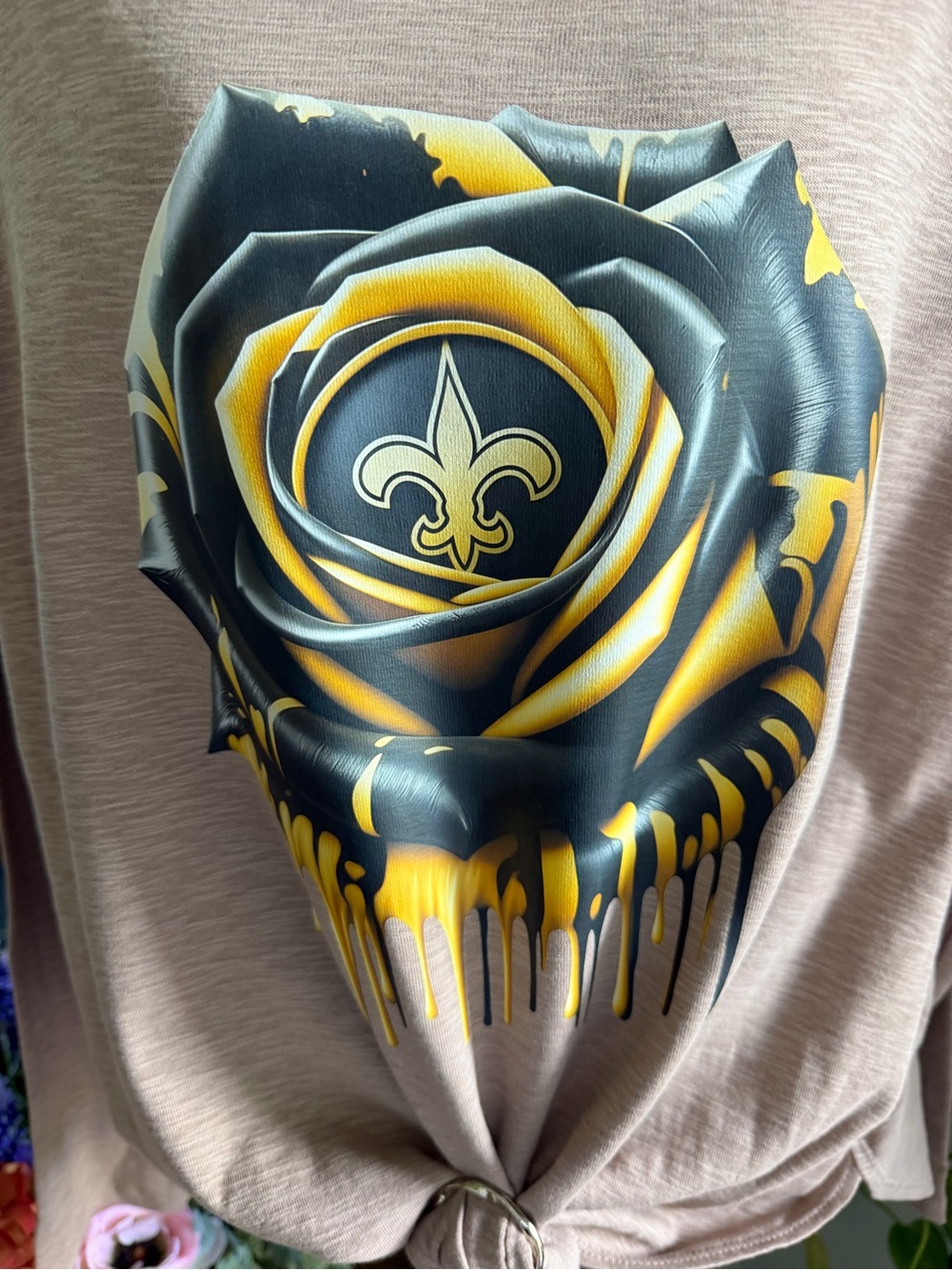 New Orleans Saints Long-Sleeve Top with Black & Yellow Rose Graphic - Picture 3 of 4